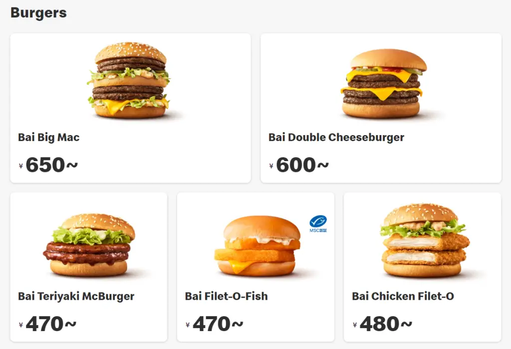 Mcdonalds Burger menu prices