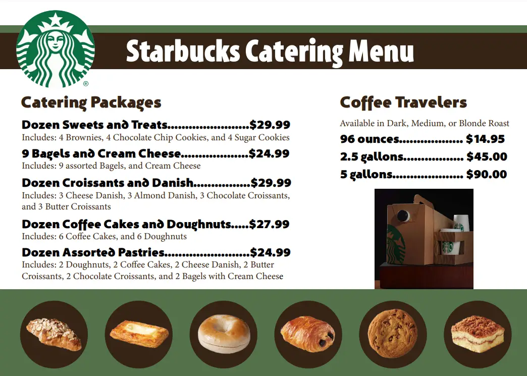 The image displays a catering menu from Starbucks, featuring a variety of food packages and coffee traveler options with detailed descriptions and prices.